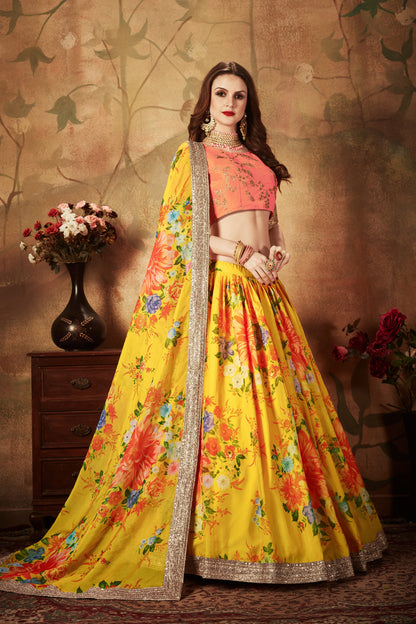 Adorning Yellow Digital Printed Organza Silk Wedding Lehenga Choli With Orange Blouse By WTW