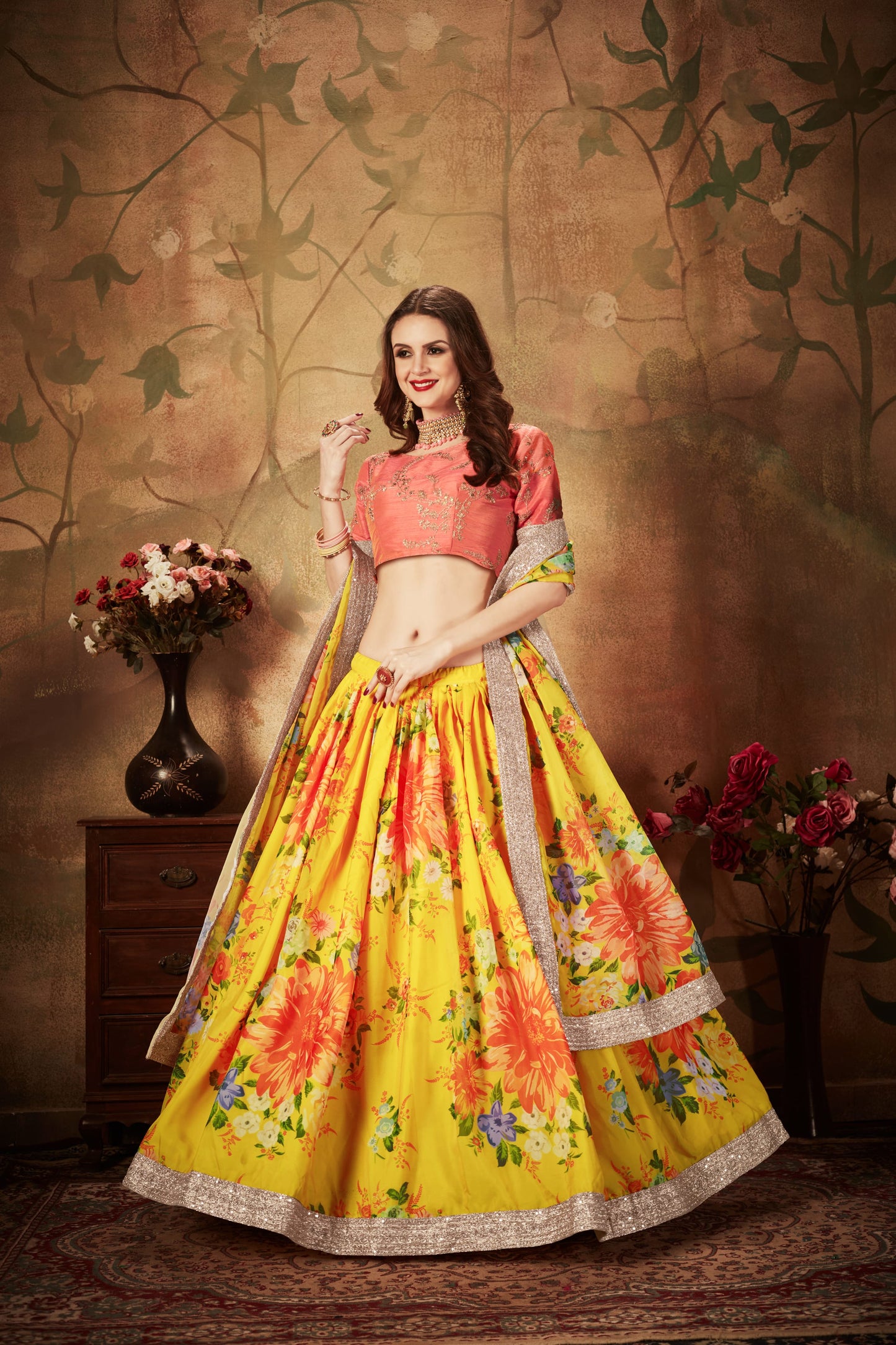 Adorning Yellow Digital Printed Organza Silk Wedding Lehenga Choli With Orange Blouse By WTW