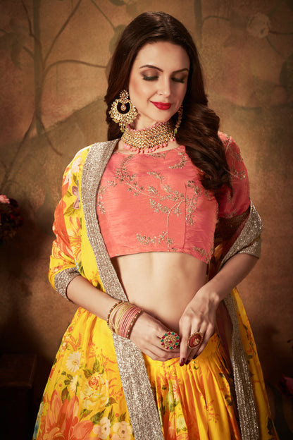 Adorning Yellow Digital Printed Organza Silk Wedding Lehenga Choli With Orange Blouse By WTW