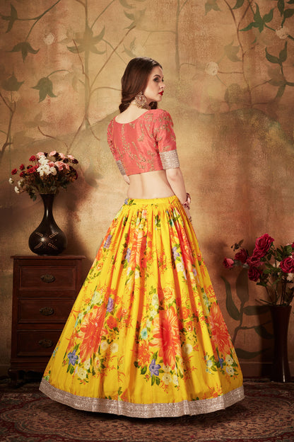 Adorning Yellow Digital Printed Organza Silk Wedding Lehenga Choli With Orange Blouse By WTW