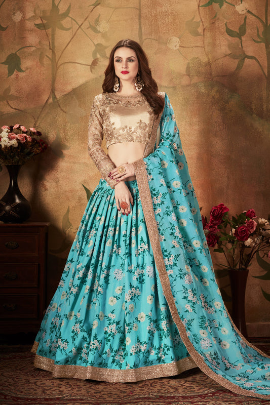 Sky Blue Floral Digital Printed Organza Wedding Wear Lehenga Choli By WTW