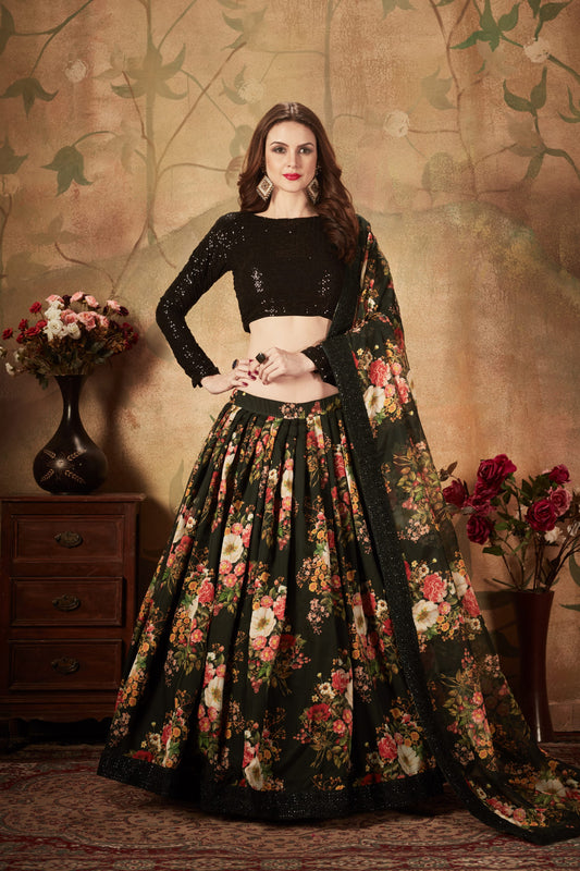 Black Floral Digital Printed Organza Party Wear Lehenga Choli By WTW
