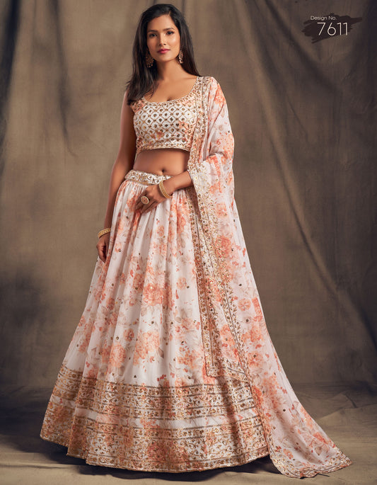 White Floral Print Sequin Embroidered Lehenga Set By WTW