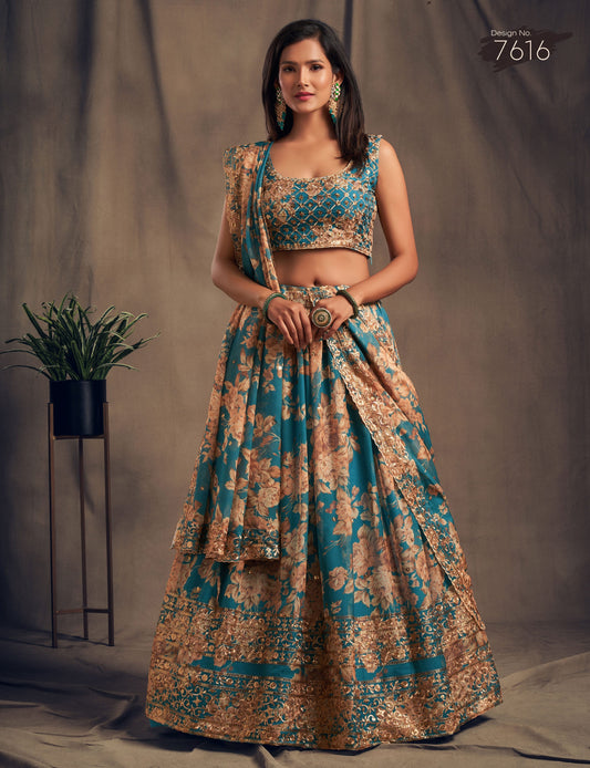 Accomplishing Teal Blue Zari Embroidery Organza Occasional Wear Lehenga Choli By WTW