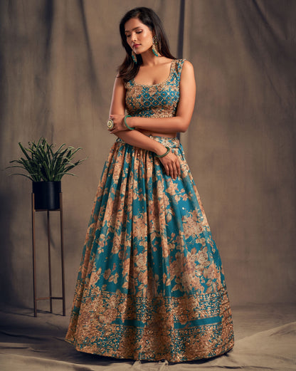 Accomplishing Teal Blue Zari Embroidery Organza Occasional Wear Lehenga Choli By WTW