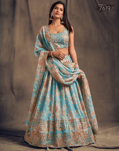 Awesome Sky Blue Zari Embroidery Organza Occasional Wear Lehenga Choli BY WTW