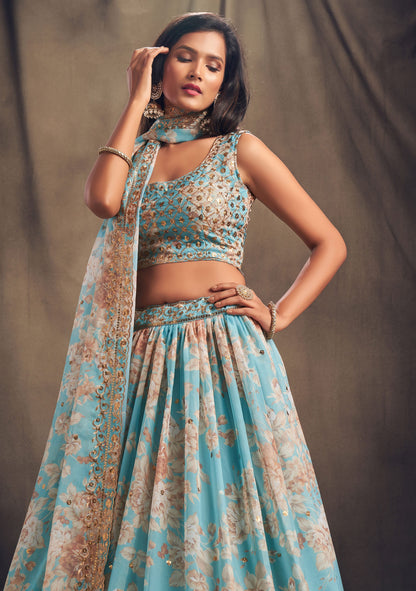 Awesome Sky Blue Zari Embroidery Organza Occasional Wear Lehenga Choli BY WTW