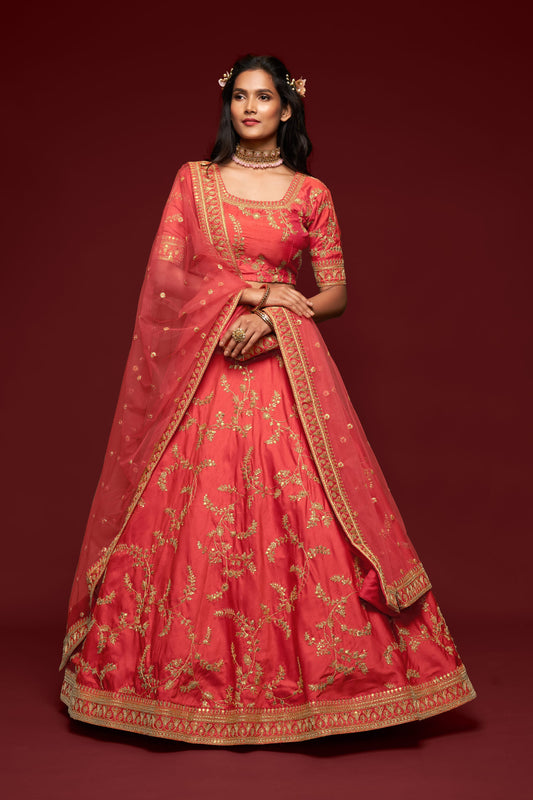 Coral Red Thread Embroidery Art Silk Wedding Wear Lehenga Choli By WTW