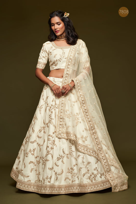White Sequin Embroidered Work Art Silk Lehenga Set By WTW