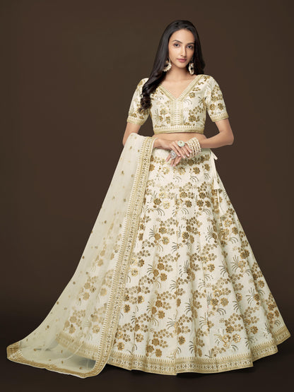 Alluring White Zari Work Engagement Wear Slub Silk Lehenga Choli By WTW