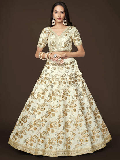 Alluring White Zari Work Engagement Wear Slub Silk Lehenga Choli By WTW