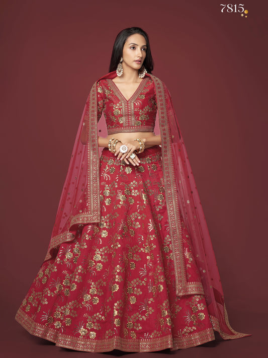 Bewitching Red Zari Work Slub Silk Wedding Wear Lehenga Choli By WTW