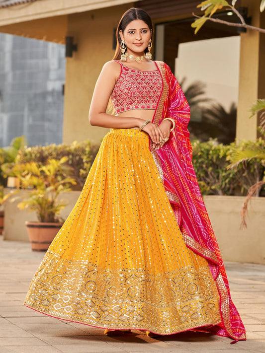 Stunning Yellow Sequins Georgette Wedding Wear Lehenga Choli By WTW