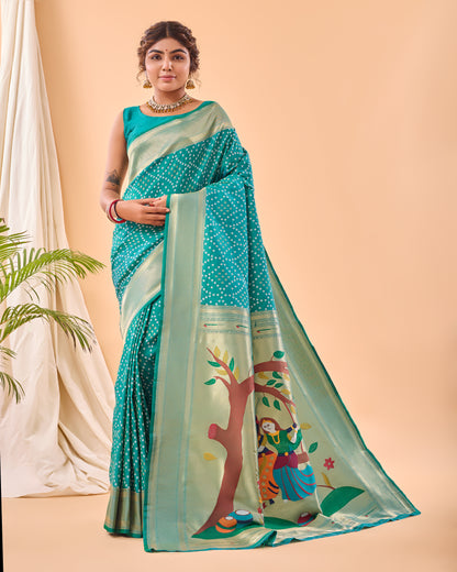 Sea Green Bandhej Original Paithani Silk Woven Saree By WTW