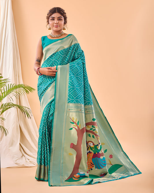 Sea Green Bandhej Original Paithani Silk Woven Saree By WTW