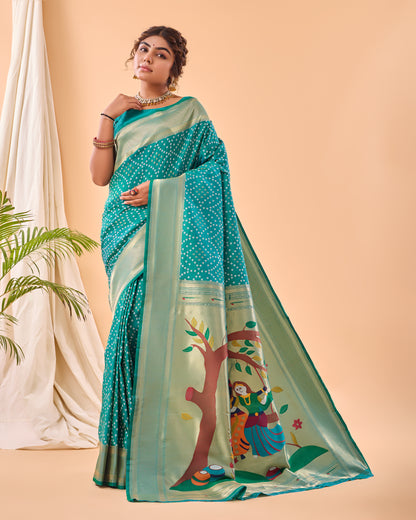 Sea Green Bandhej Original Paithani Silk Woven Saree By WTW