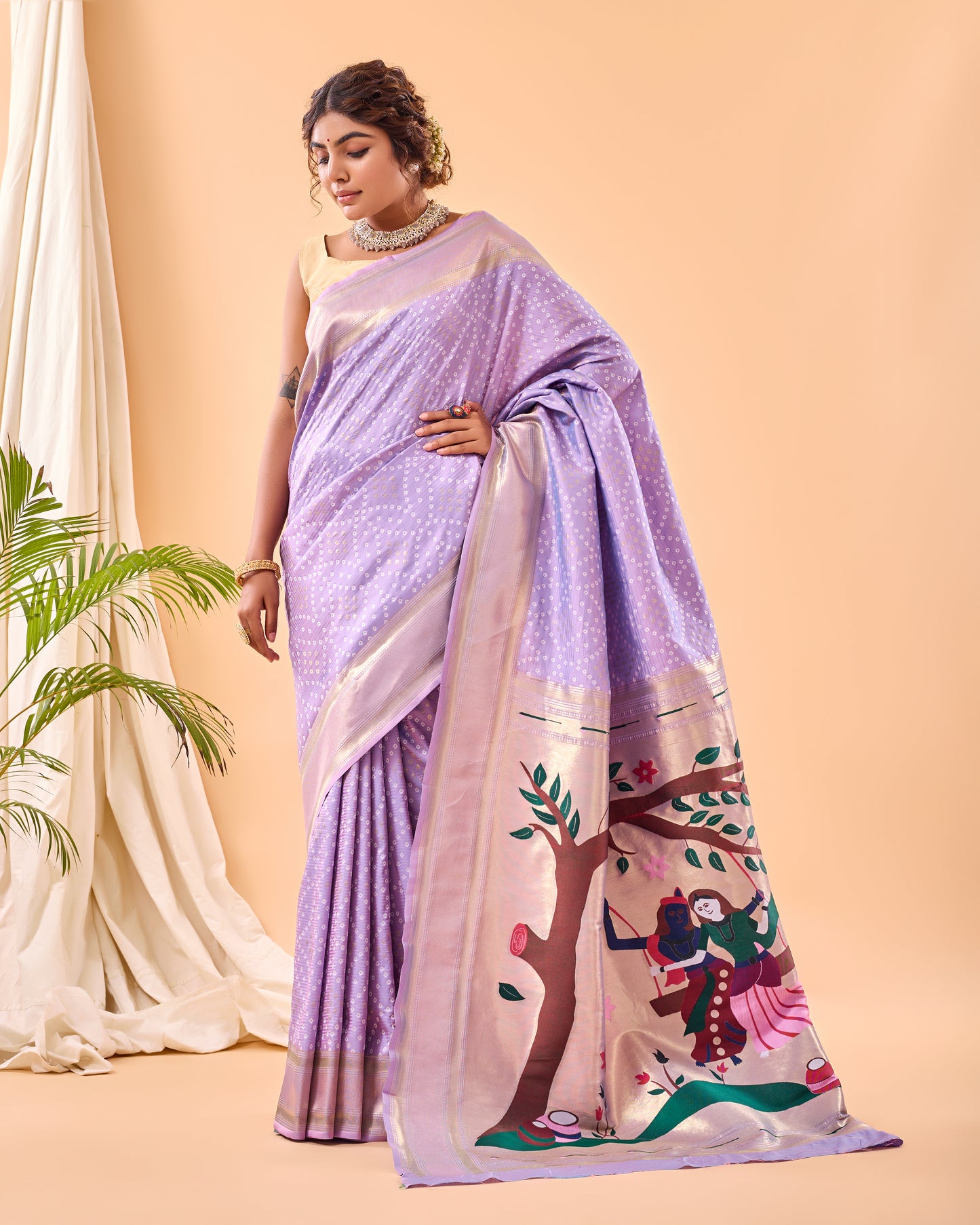 Lavender Bandhani Weaving Paithani Silk Saree By WTW