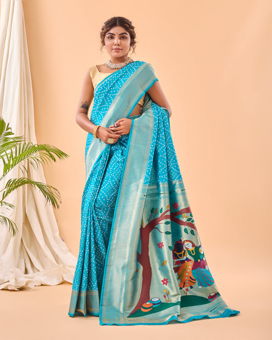 Sky Blue Solid Paithani Silk Saree Set By WTW