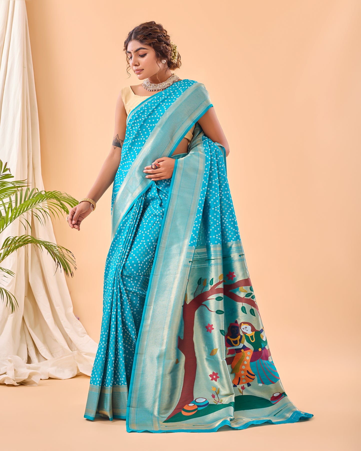 Sky Blue Solid Paithani Silk Saree Set By WTW