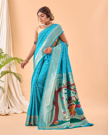 Sky Blue Solid Paithani Silk Saree Set By WTW