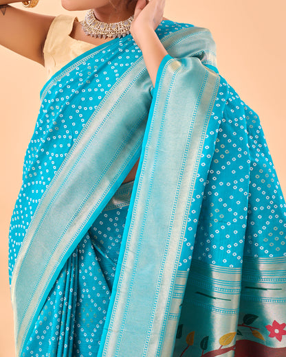 Sky Blue Solid Paithani Silk Saree Set By WTW