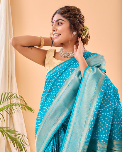 Sky Blue Solid Paithani Silk Saree Set By WTW