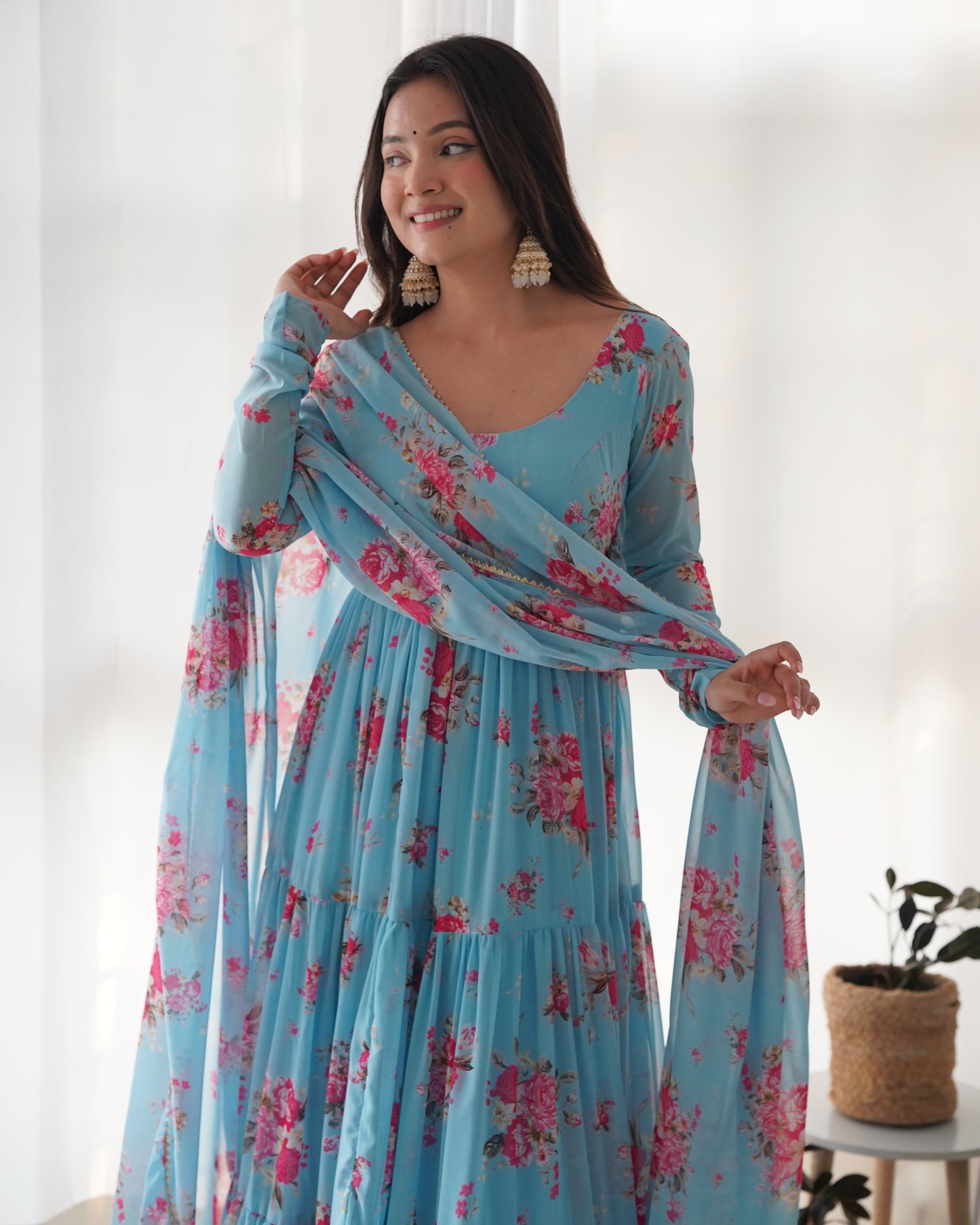 Sky Blue Printed Georgette Anarkali Set By WTW