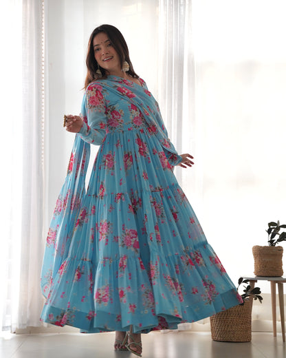 Sky Blue Printed Georgette Anarkali Set By WTW