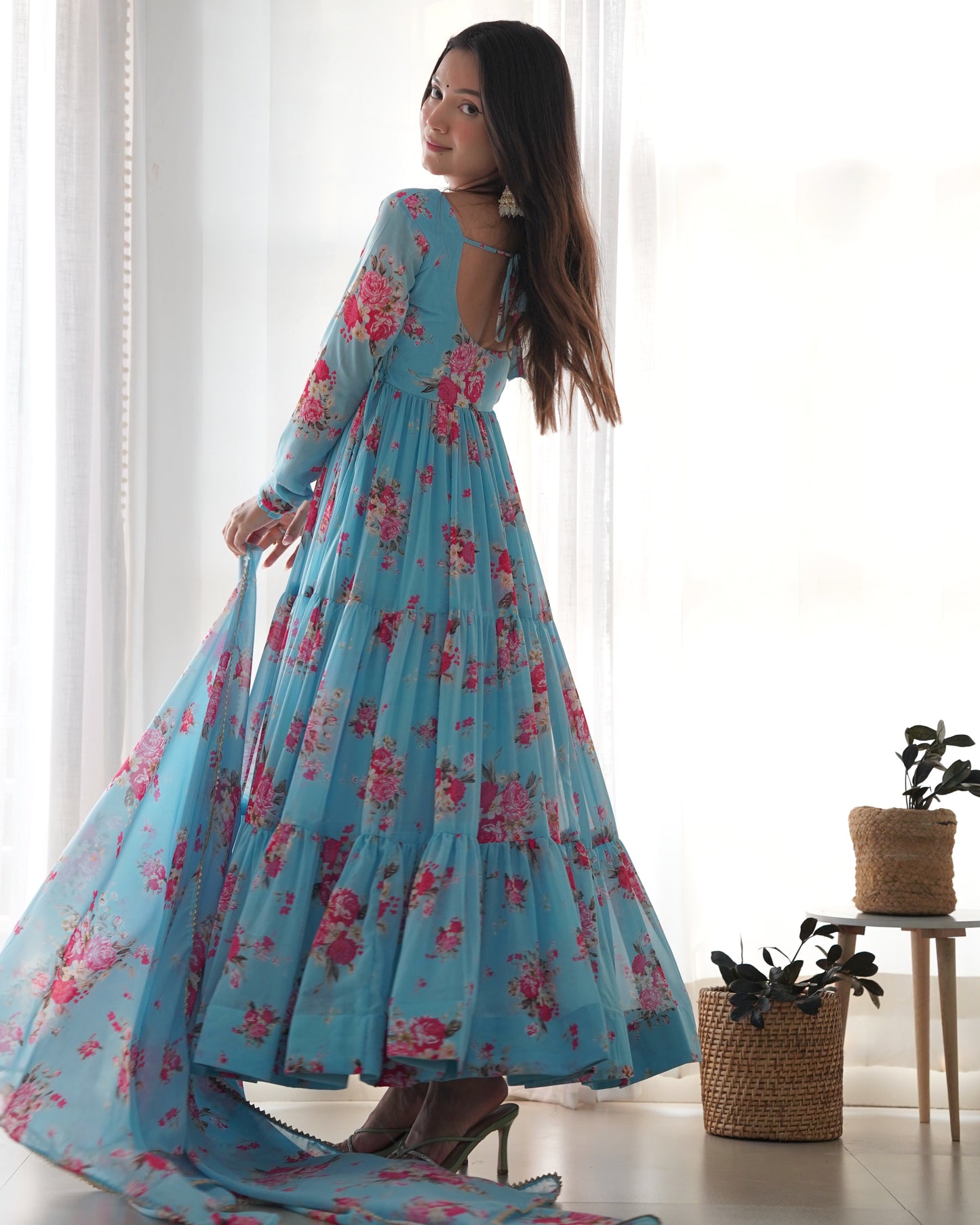 Sky Blue Printed Georgette Anarkali Set By WTW