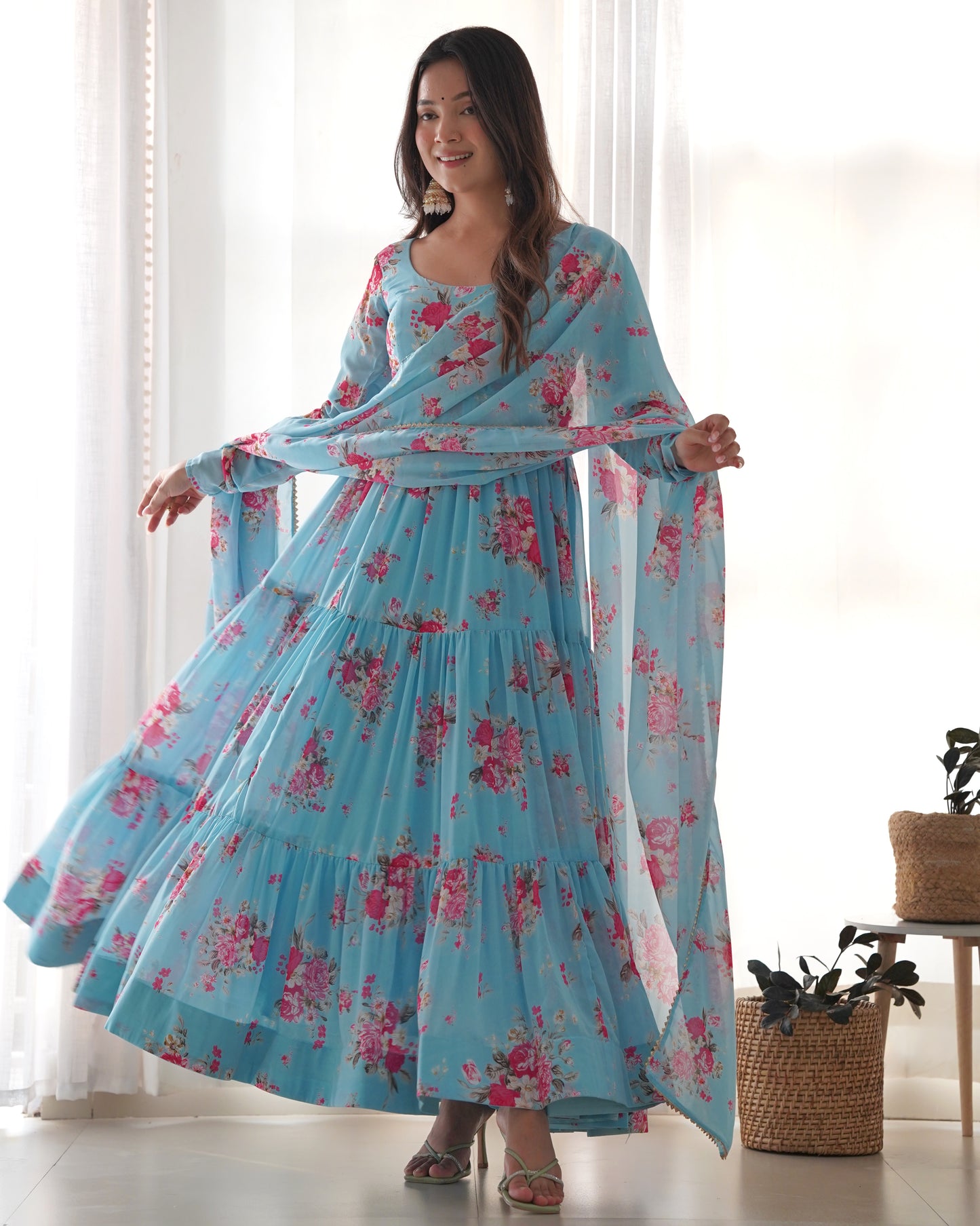 Sky Blue Printed Georgette Anarkali Set By WTW