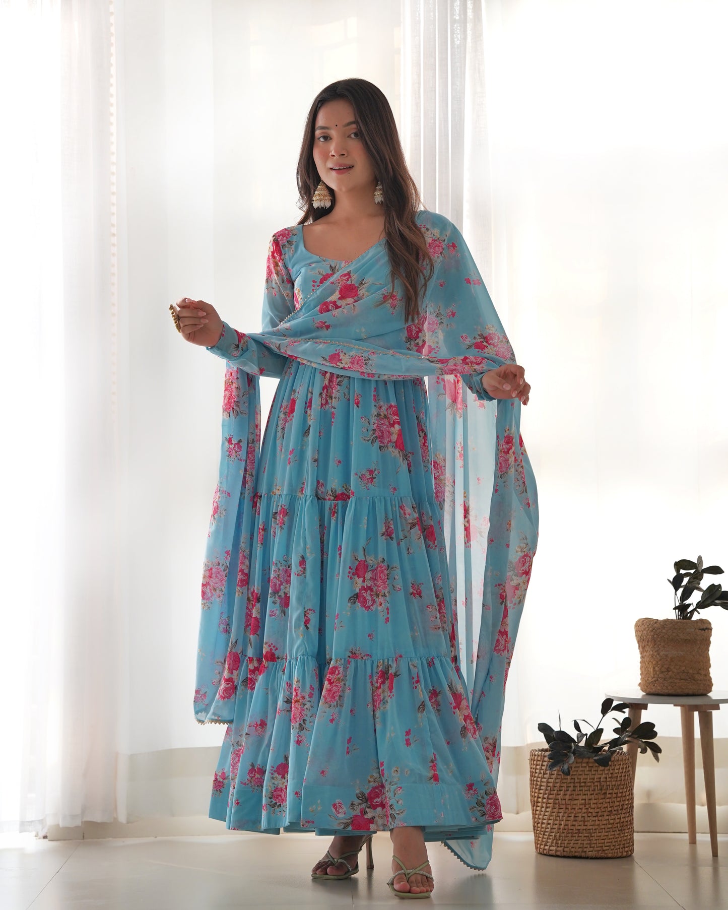 Sky Blue Printed Georgette Anarkali Set By WTW