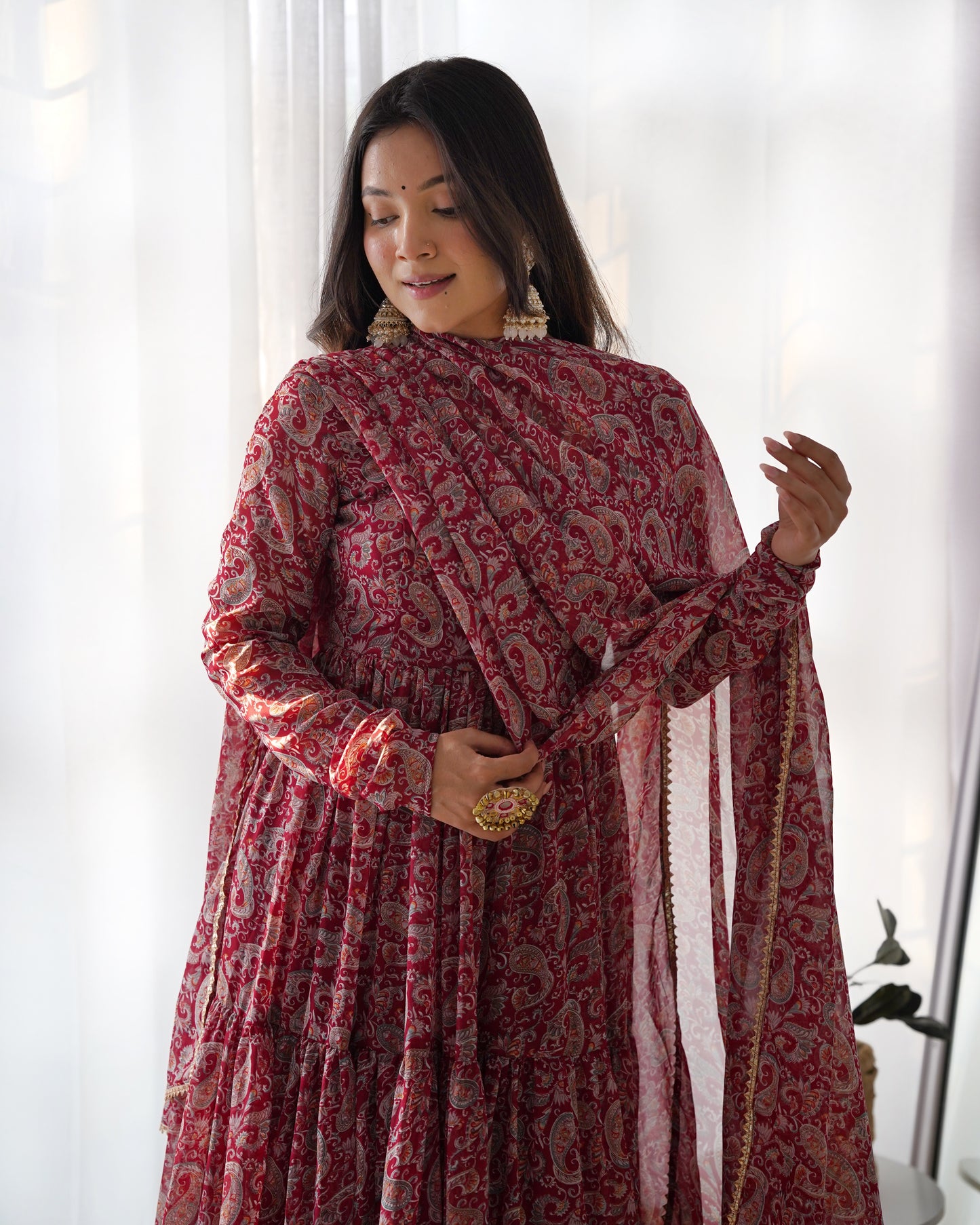 Maroon Printed Faux Georgette Anarkali Set By WTW