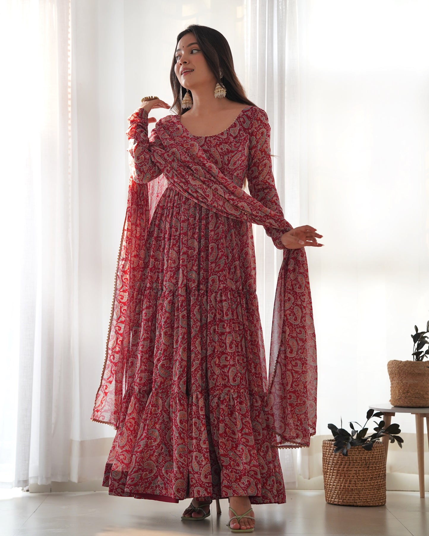 Maroon Printed Faux Georgette Anarkali Set By WTW