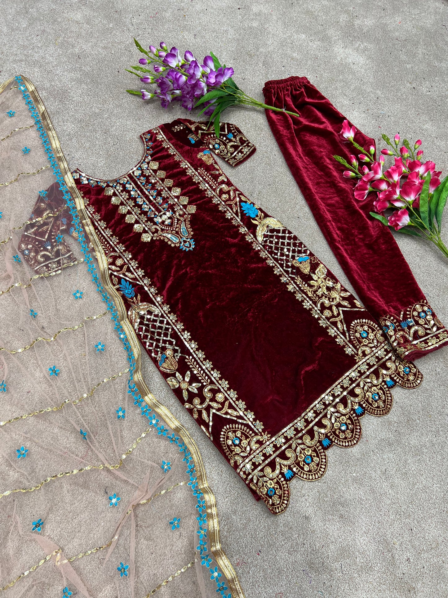 Dark Red Sequence Work Viscose Velvet Salwar Suit By WTW