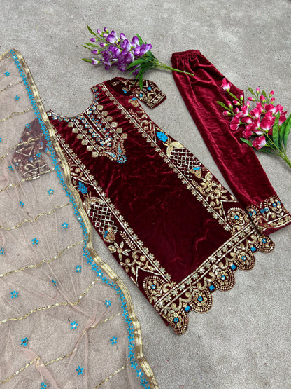 Dark Red Sequence Work Viscose Velvet Salwar Suit By WTW