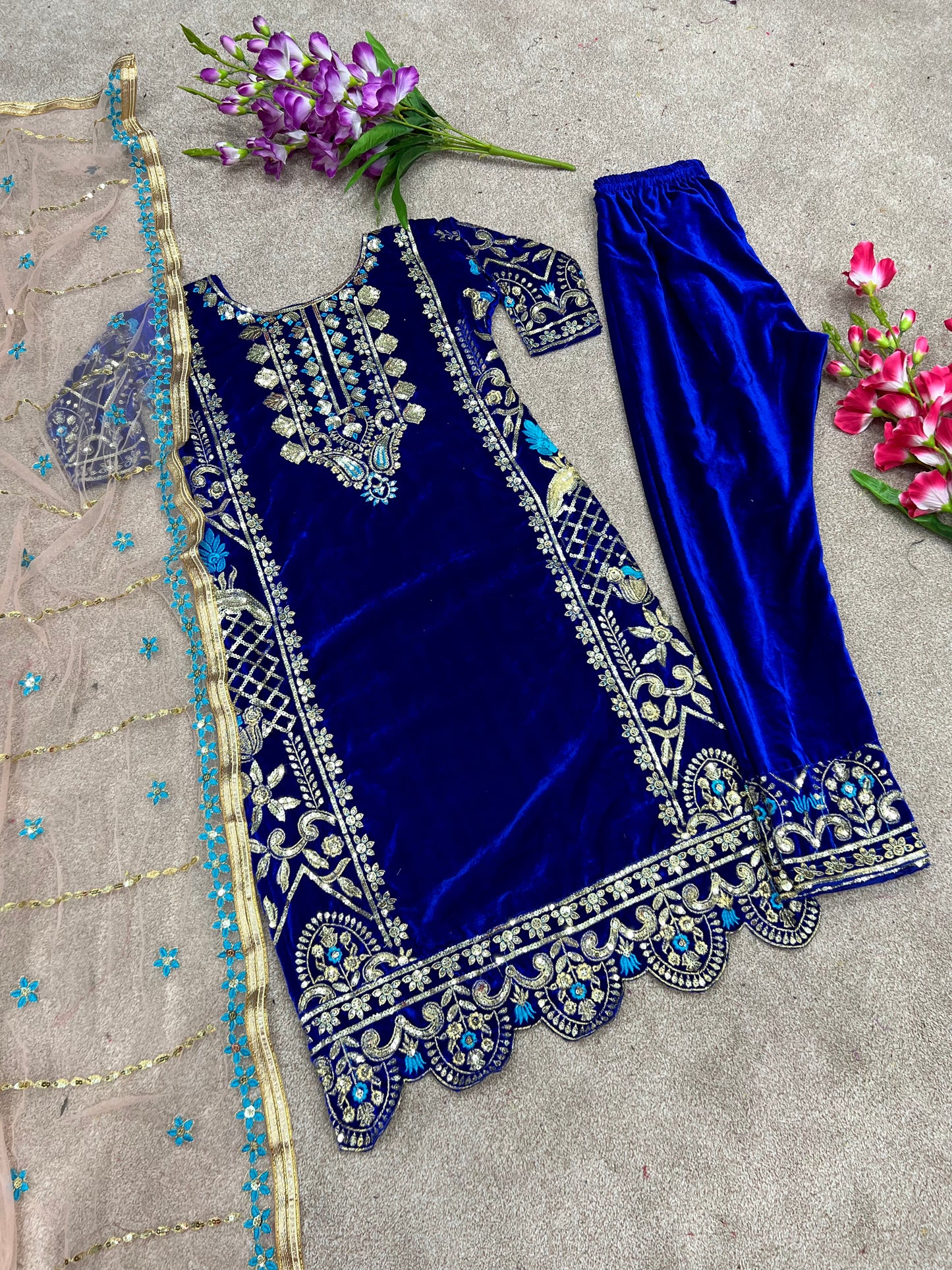 Royal Blue Viscose Velvet Sequence Embroidery Work Salwar Suit By WTW