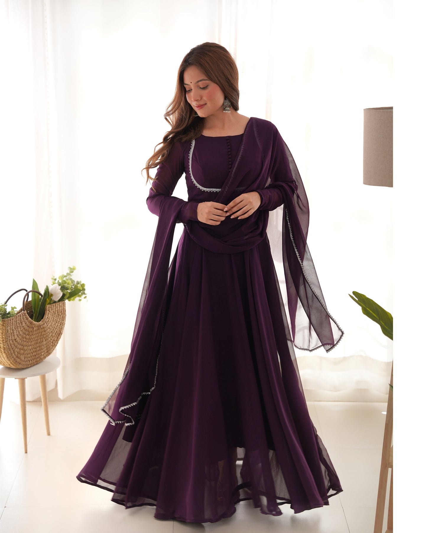 Wine Solid Faux Georgette Anarkali Set By WTW