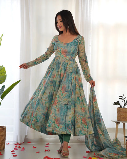 Women Floral Print Anarkali Kurta With Pants & Dupatta By WTW