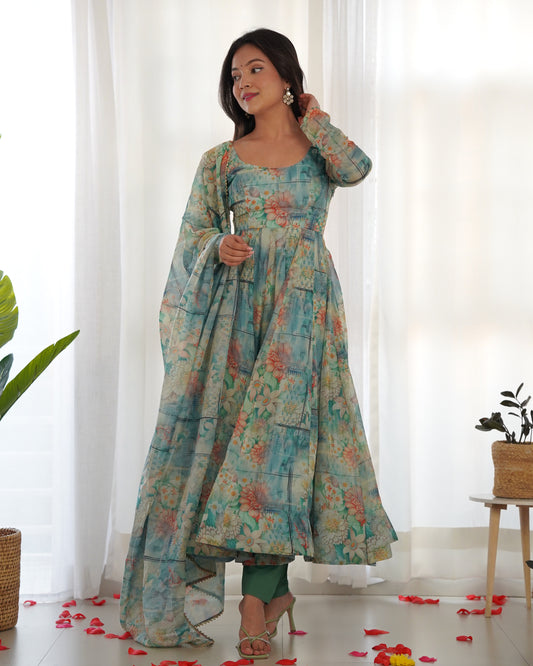 Women Floral Print Anarkali Kurta With Pants & Dupatta By WTW