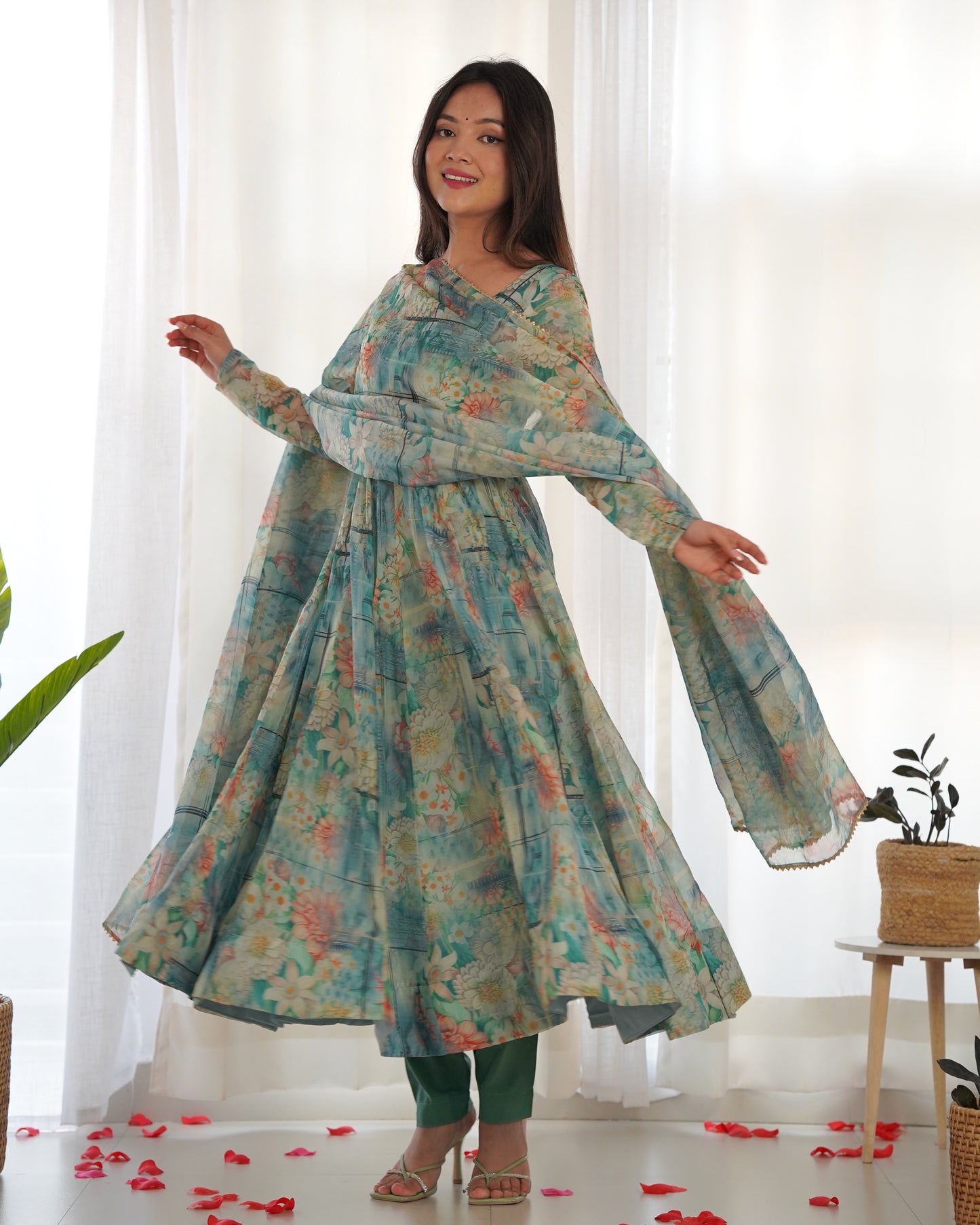 Women Floral Print Anarkali Kurta With Pants & Dupatta By WTW