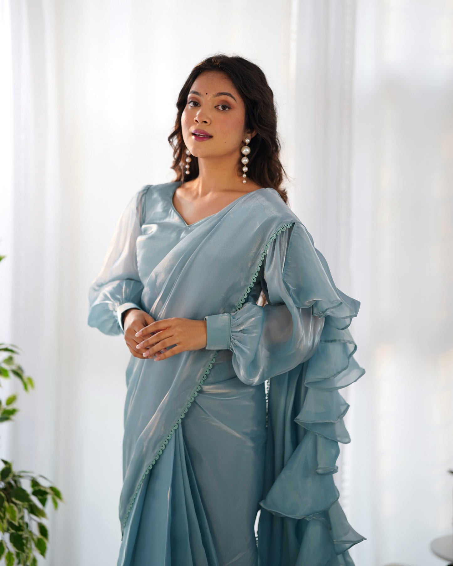 Fascinating Blue Organza Designer Readymade Saree With Blouse By WTW