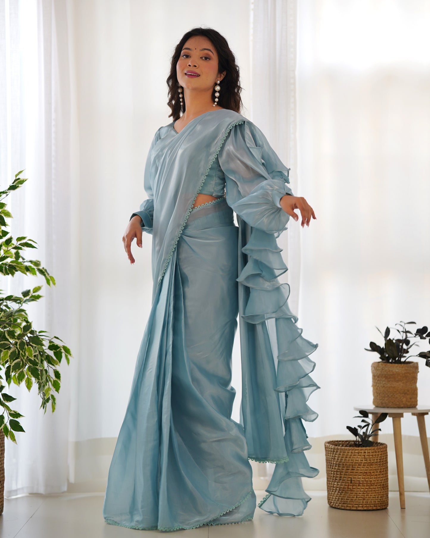 Fascinating Blue Organza Designer Readymade Saree With Blouse By WTW