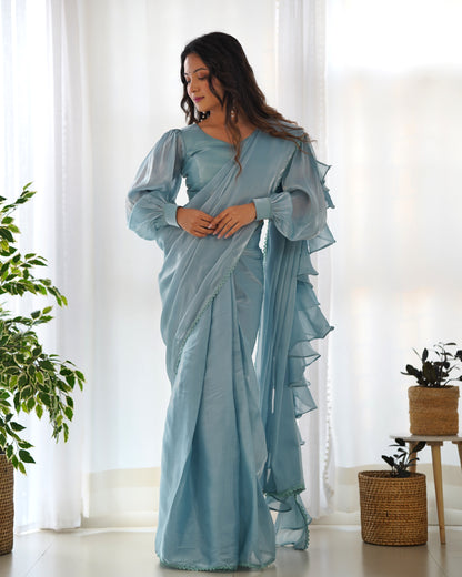 Fascinating Blue Organza Designer Readymade Saree With Blouse By WTW