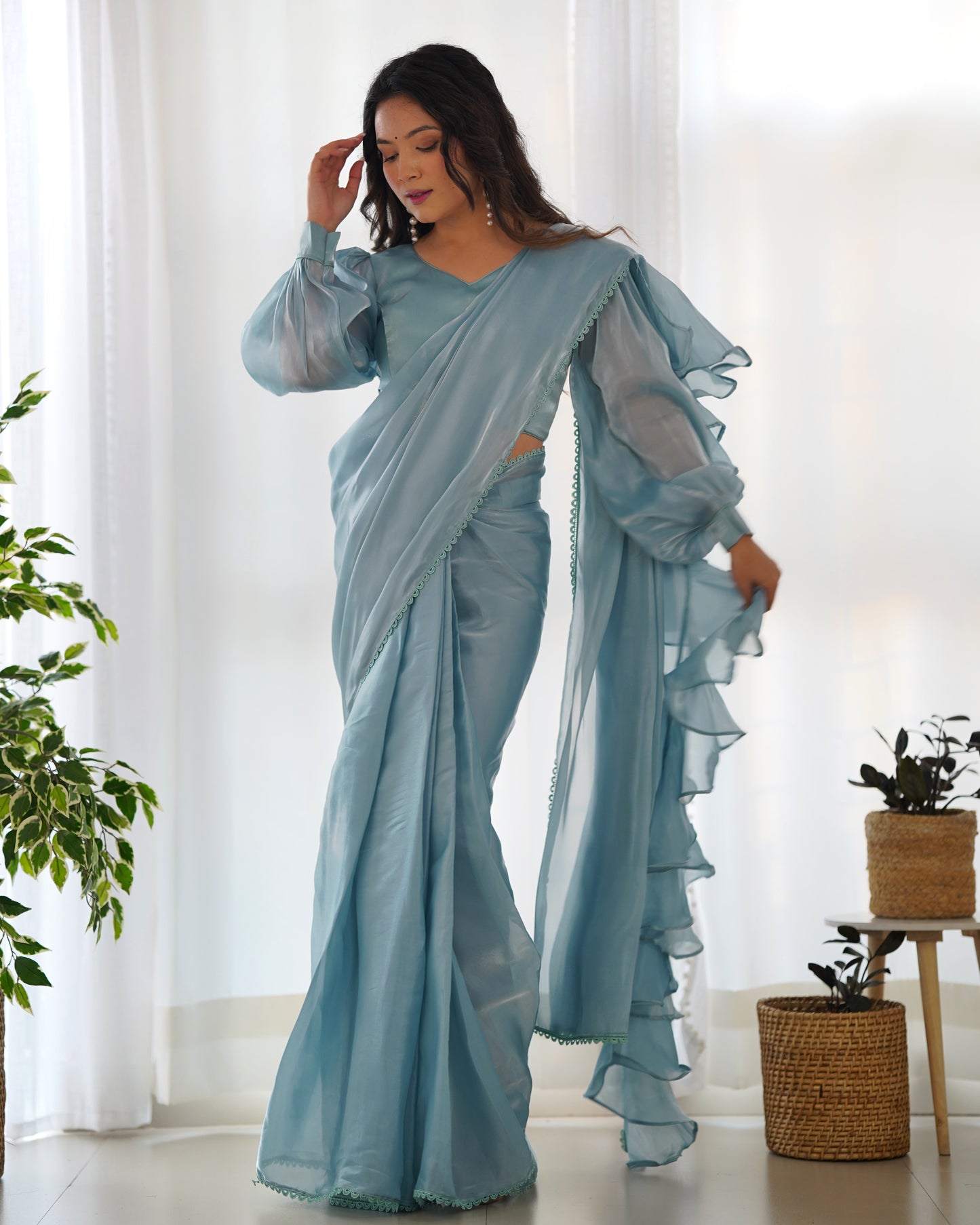 Fascinating Blue Organza Designer Readymade Saree With Blouse By WTW