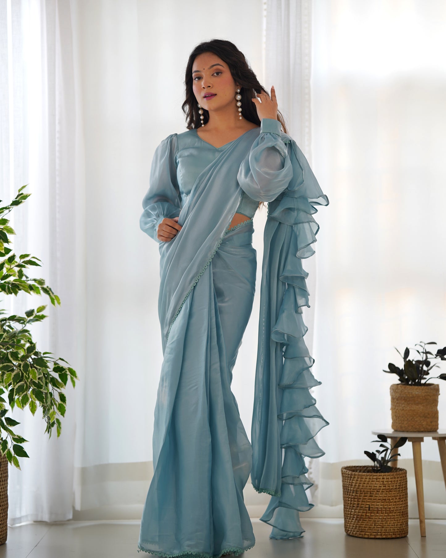 Fascinating Blue Organza Designer Readymade Saree With Blouse By WTW