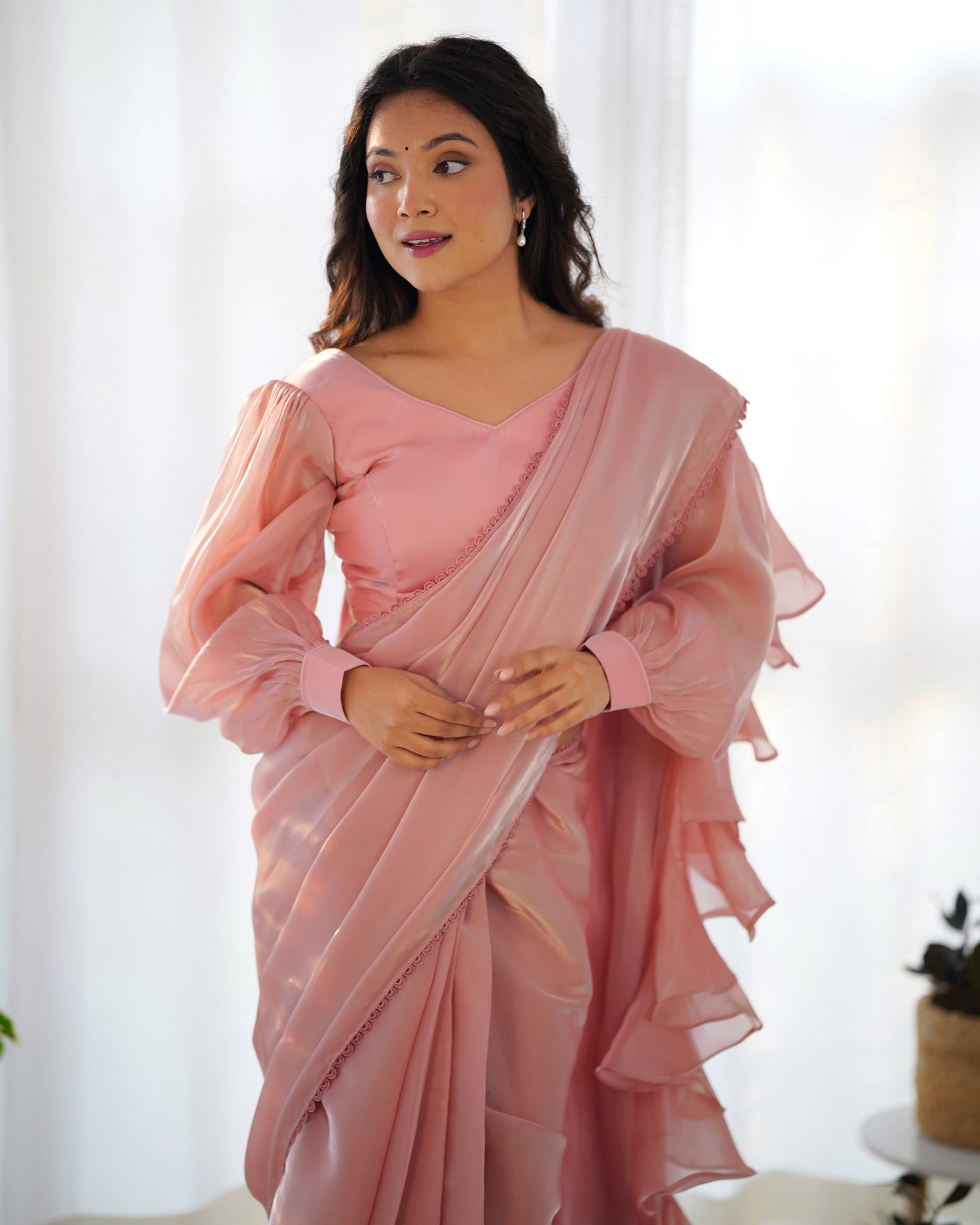 Fascinating Peach Organza Designer Readymade Saree With Blouse By WTW