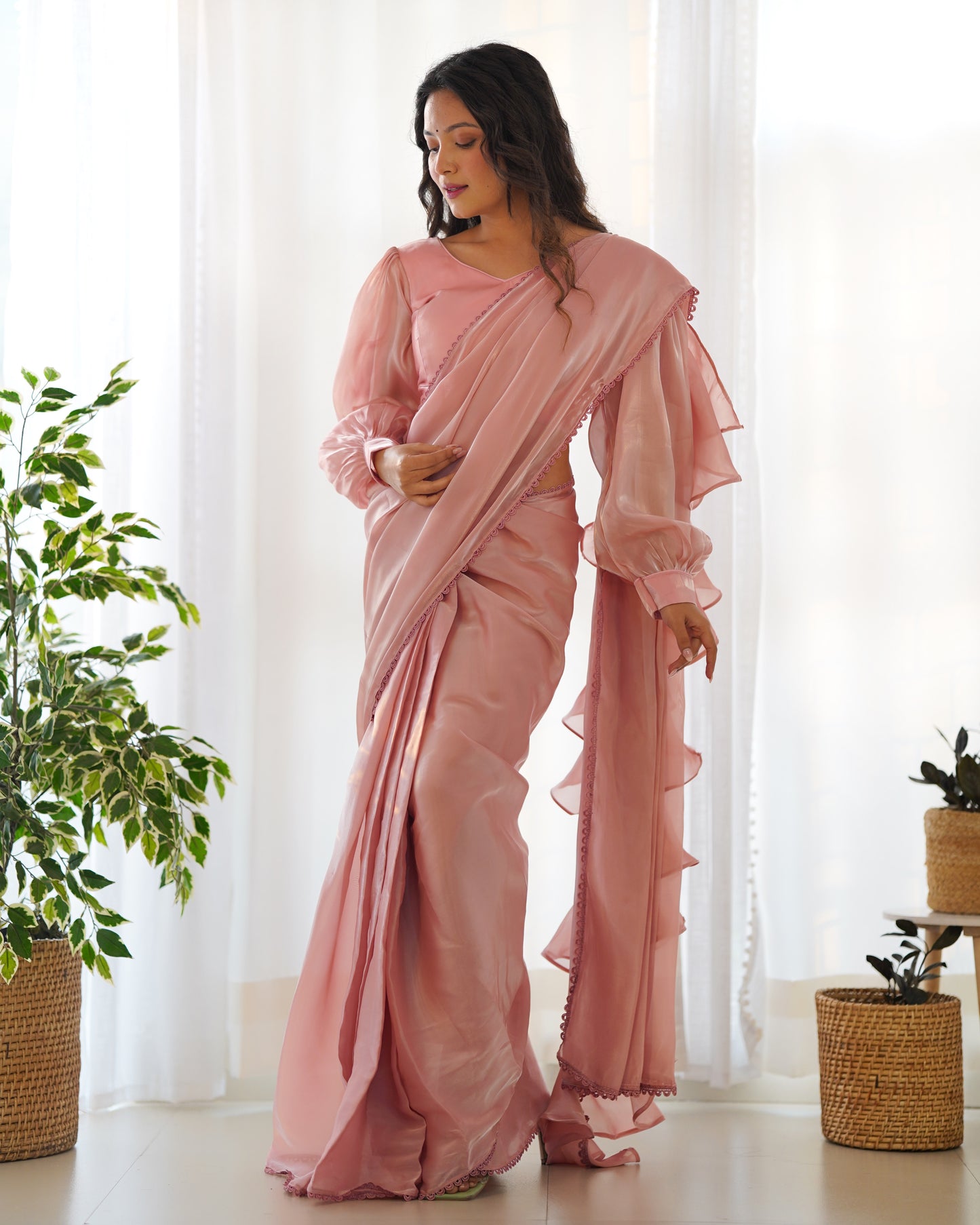 Fascinating Peach Organza Designer Readymade Saree With Blouse By WTW