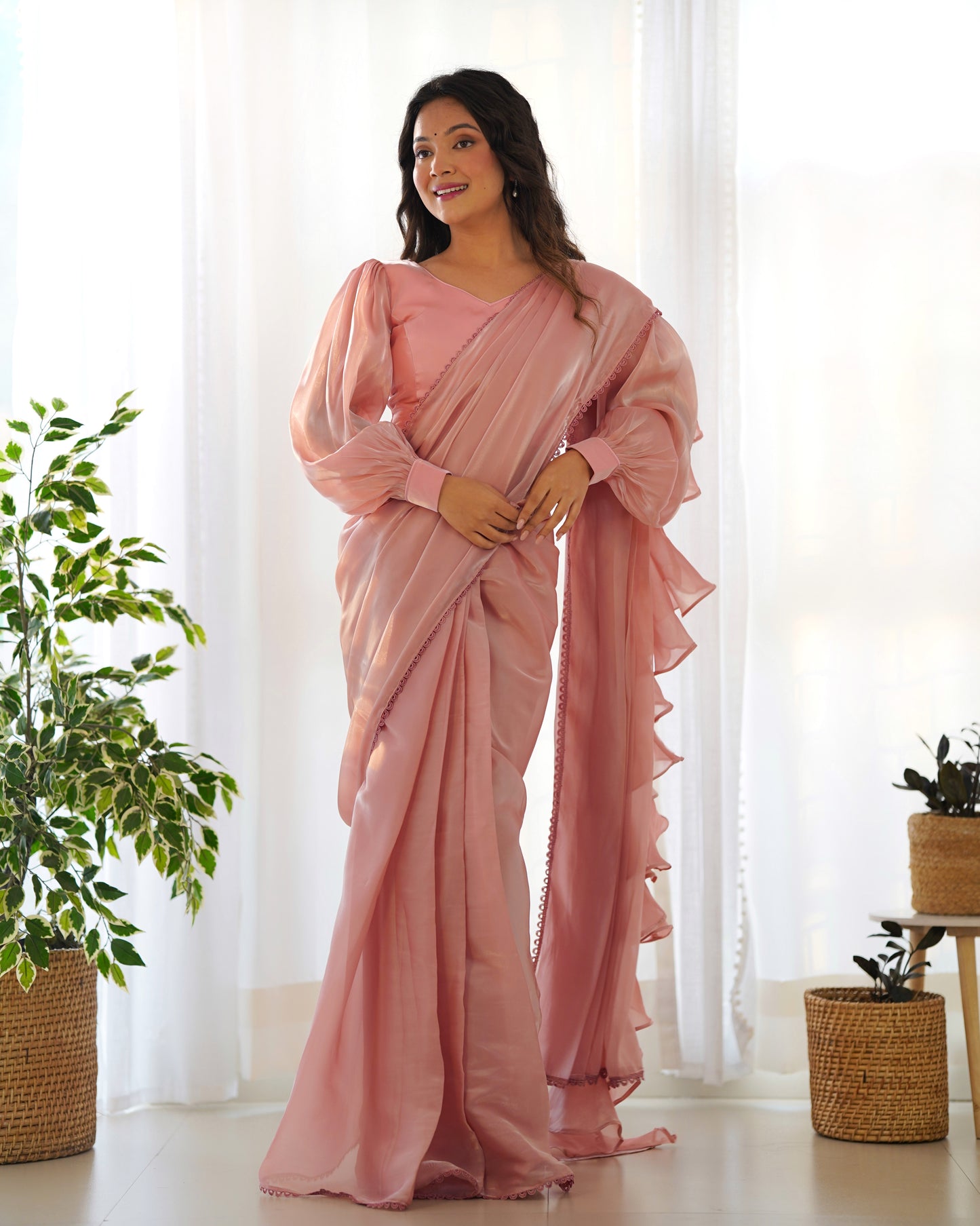 Fascinating Peach Organza Designer Readymade Saree With Blouse By WTW