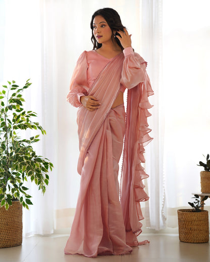 Fascinating Peach Organza Designer Readymade Saree With Blouse By WTW