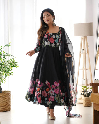 Flower Black Printed Anarkali Gown With Pant & Dupatta Set By WTW